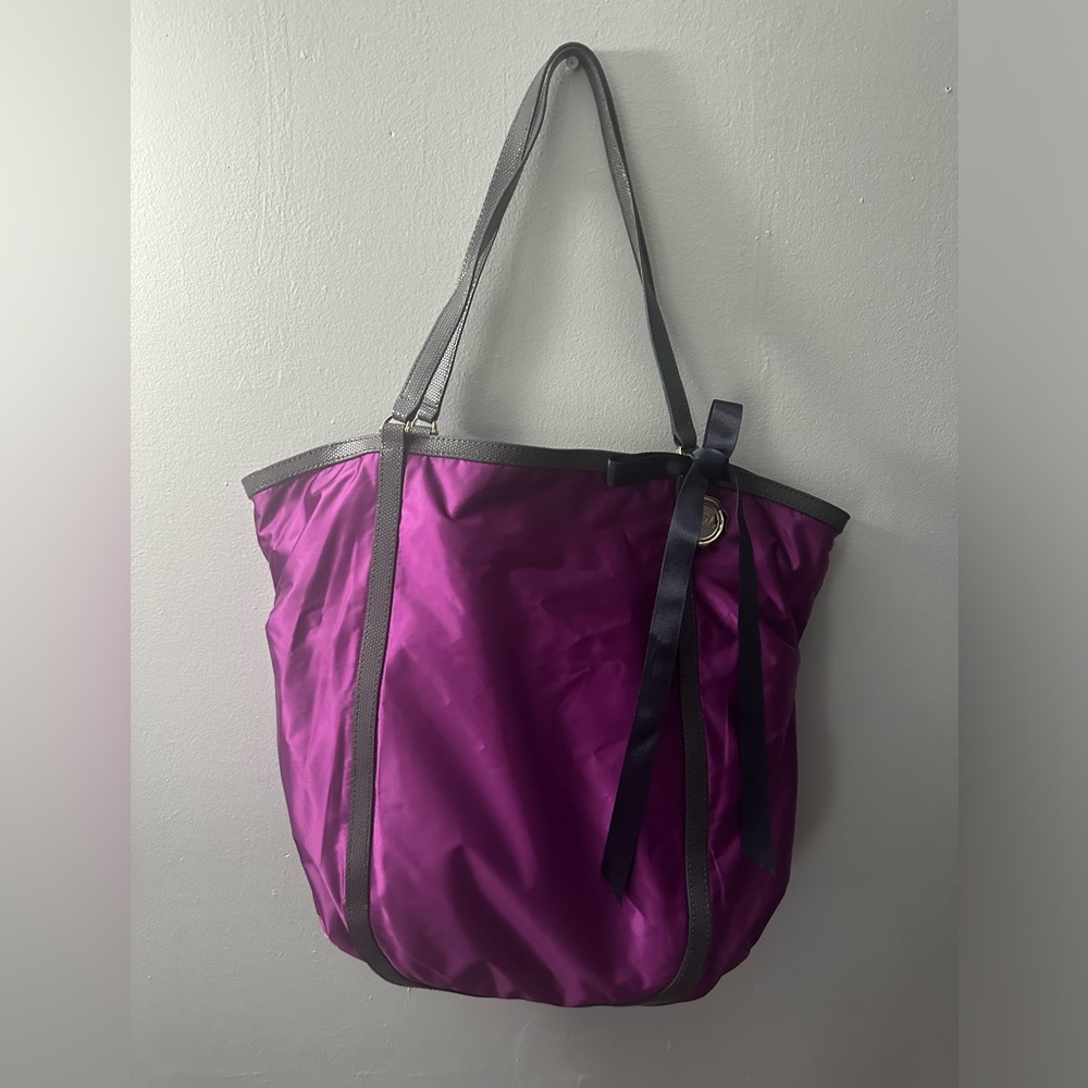 Henri Bendel New York Satin Purple Dual Handle
Bucket Tote Shoulder Bag